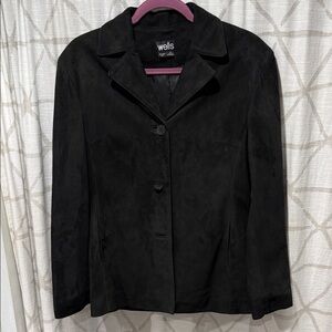 Wells Women's Black 100% New Zealand Leather Suede Button-Front Jacket 10